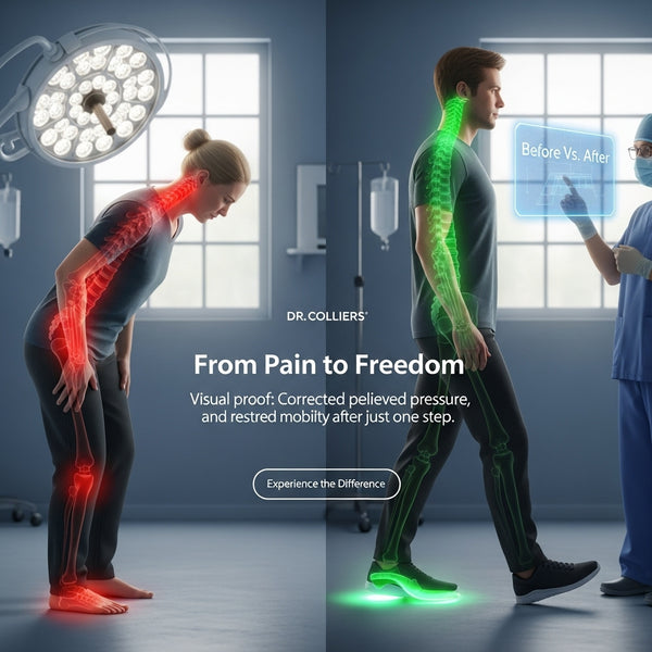 Person with highlighted body parts in a medical setting, showing before and after effects.